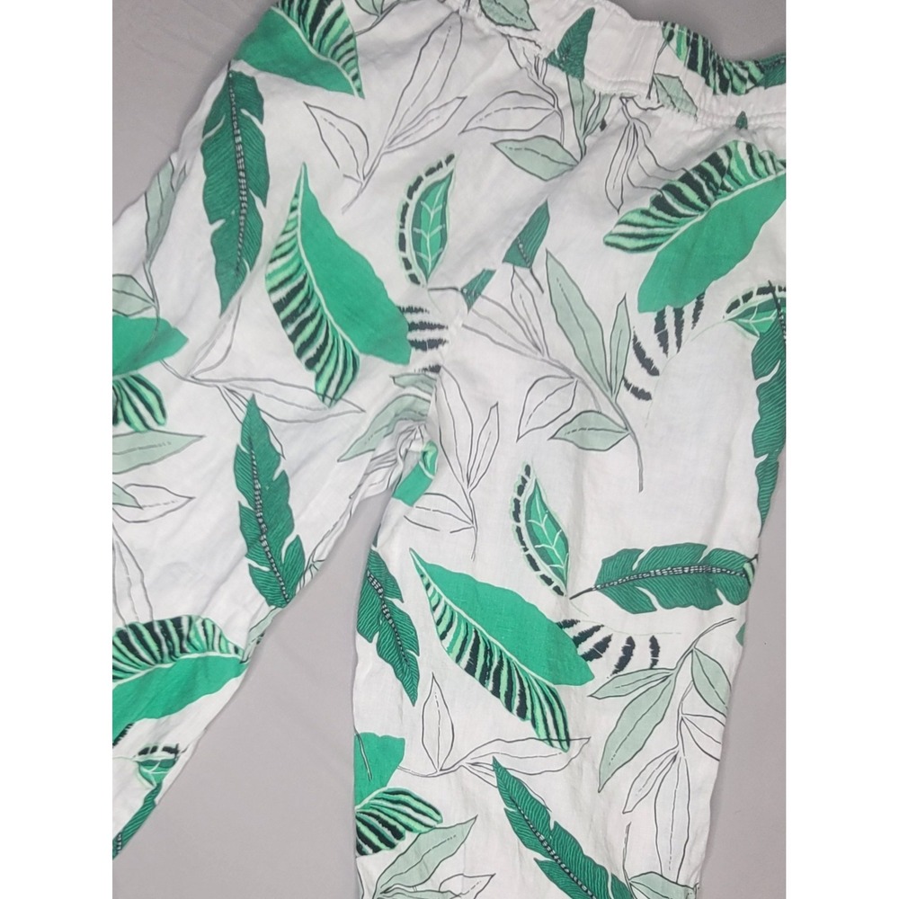 Tahari 100% Linen Pants Womens Small Green Leaf Print Elastic Waist Casual